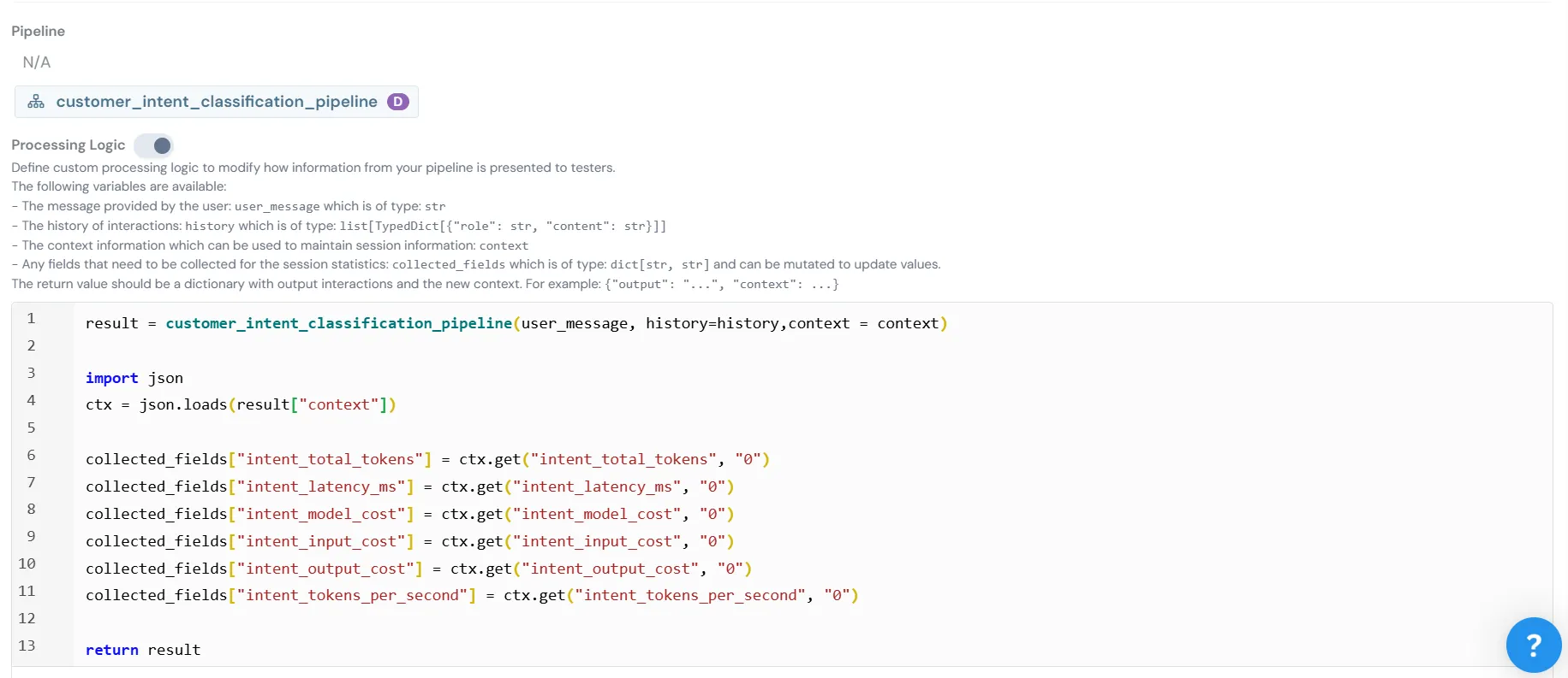 Portal settings — pipeline selector and processing logic code