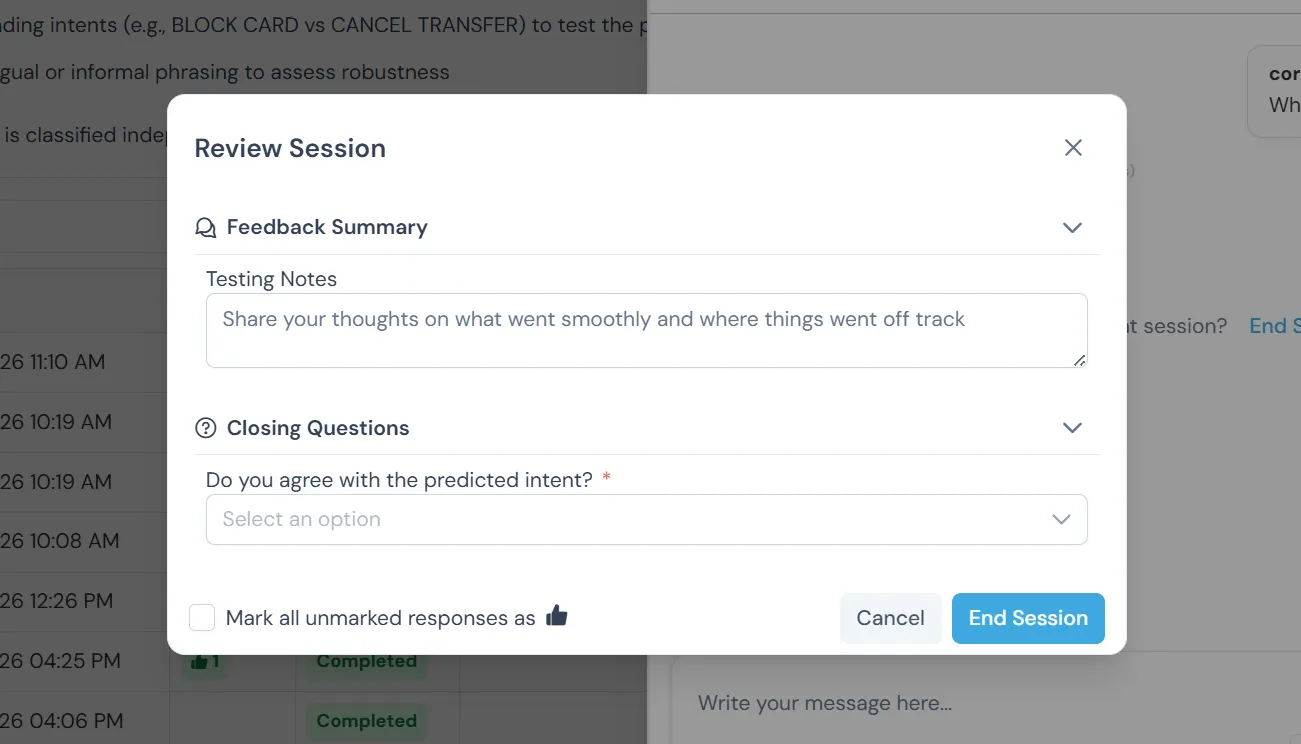 Review Session modal — Feedback Summary, Testing Notes, and Closing Questions