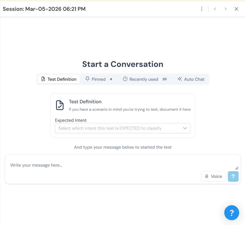 Start a Conversation screen showing Test Definition, Pinned, Recently used, and Auto Chat tabs